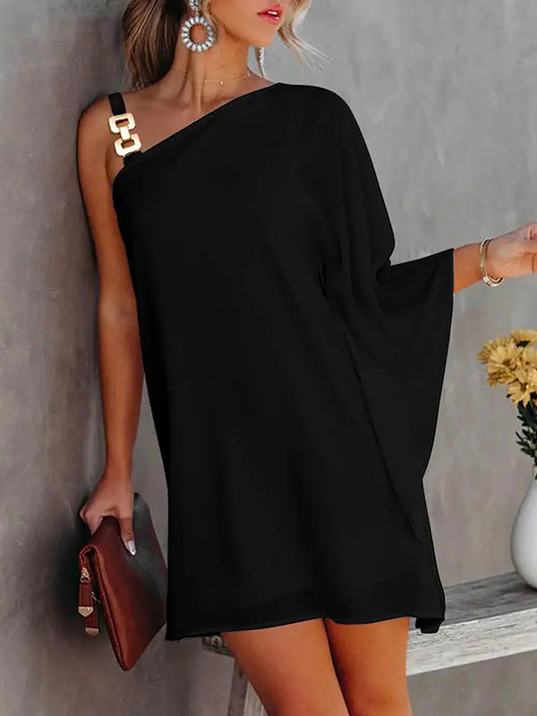 Original Loose One-Shoulder Black Mini Dress