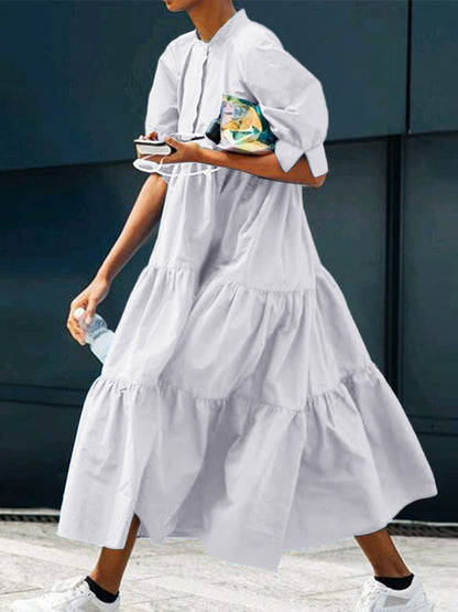Original Solid Color Split-Joint Pleated Buttoned Stand Collar Half Puff Sleeves Midi Dress