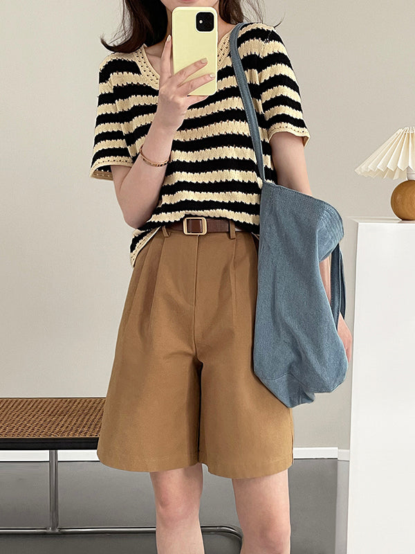 Simple Black White Contrast Color Striped Knitting T-Shirt