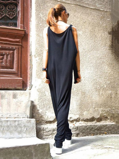 Loose Black Cold-shoulder Long Sleeves Jumpsuits