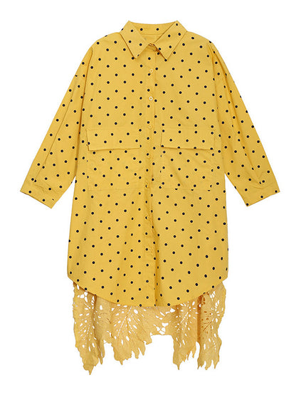 Stylish Split-Joint Polka-Dot Hollow Buttoned Lapel Collar Loose Shirt Dress