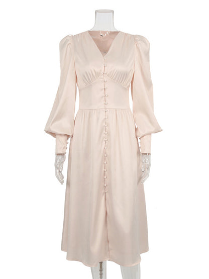 Urban Buttoned Split-Front High Waisted Puff Sleeve A-Line Midi Dress