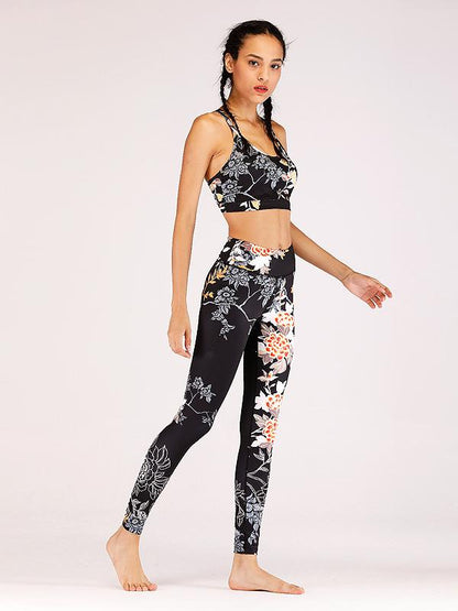 Floral Printed Spaghetti-neck Tank And Legging Yoga Suits