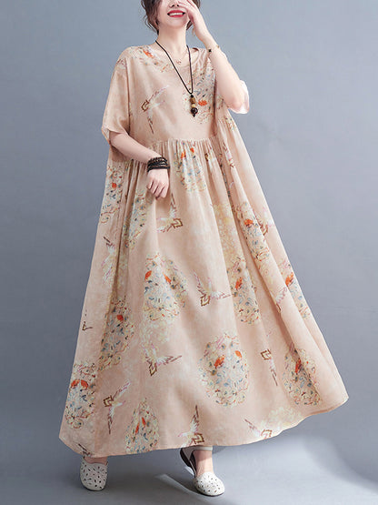 Artistic Retro Loose Floral Printed Pleated Half Sleeves Midi Dress