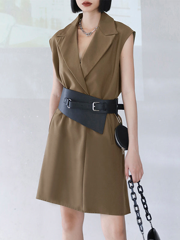 Urban Solid Color Split-Joint Notched Collar Sleeveless Mini Blazer Dress