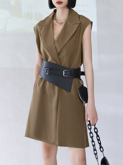 Urban Solid Color Split-Joint Notched Collar Sleeveless Mini Blazer Dress