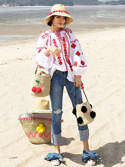 Cherry FurBall Pendant Straw Weaving Tote Bag