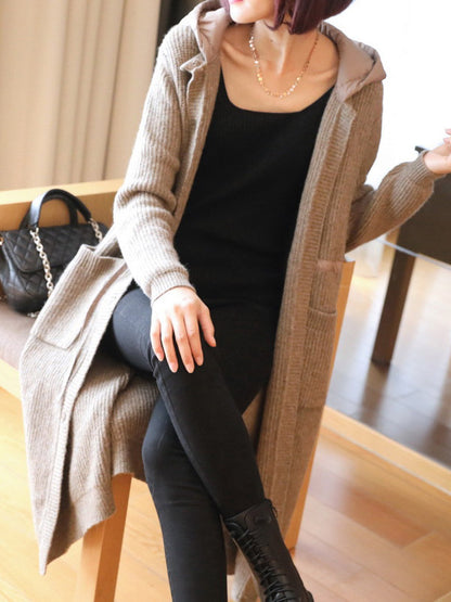 Casual Loose Solid Color Split-Joint With Pocket Buttoned Drawstring Hooded Long Sleeves Knitted Cardigan Outwear