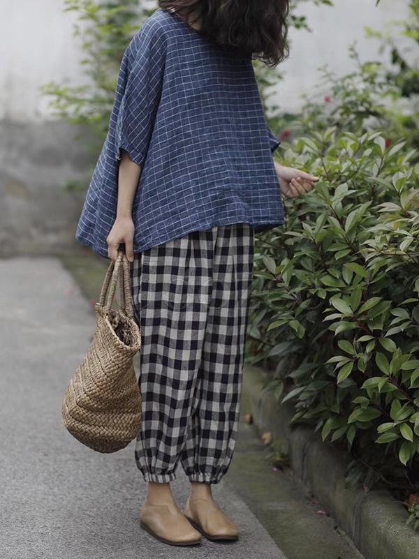 Retro Linen Plaid Casual Harem Pants