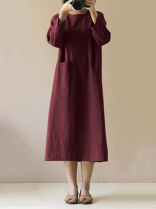 Vintage Ramie Cotton Solid Color Split-Side Long Sleeves H-Line Midi Dress