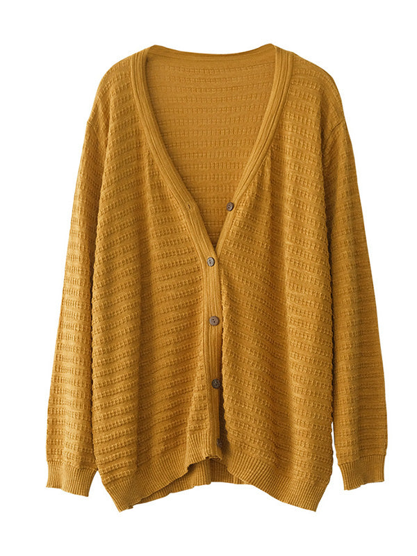 Casual Solid Color Buttoned V-Neck Long Sleeves Jacquard Knitted Cardigan