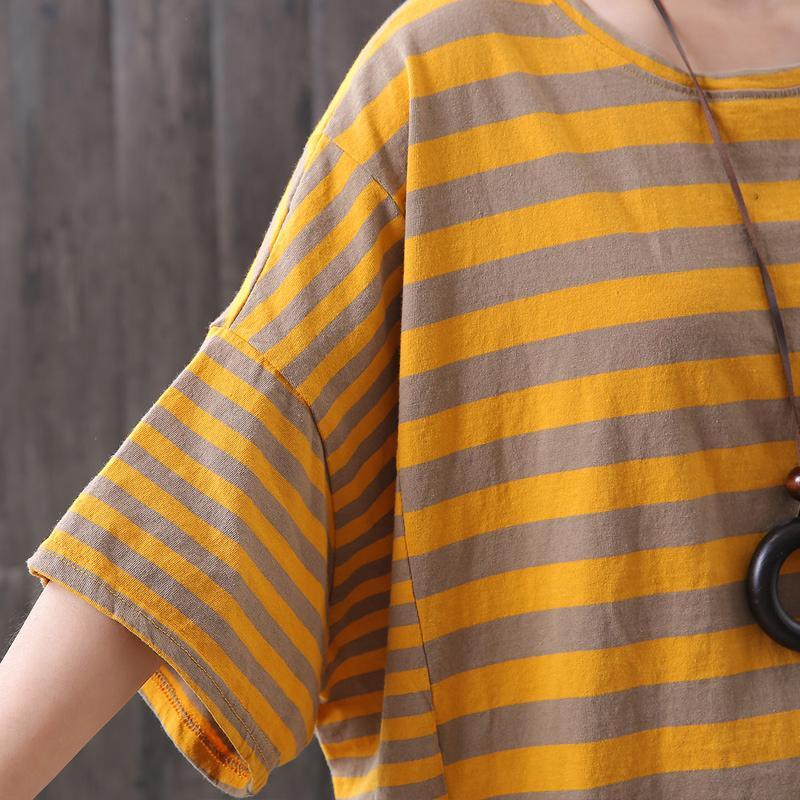 Cotton Striped Round Neck Casual Blouse