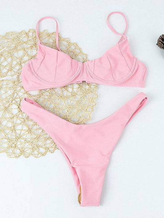 Spaghetti-Neck Padded Solid Color Split Type Bikini Swimsuit