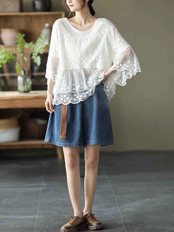 Original Embroidered Split-Joint Hollow T-Shirts Tops