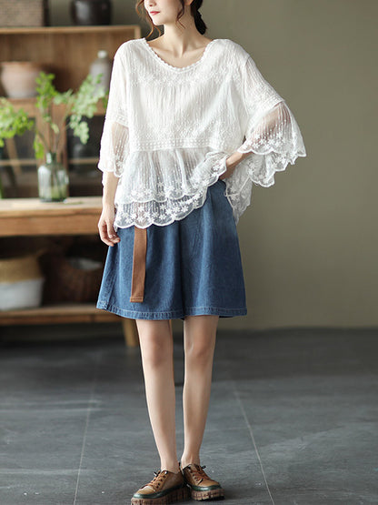 Original Embroidered Split-Joint Hollow T-Shirts Tops
