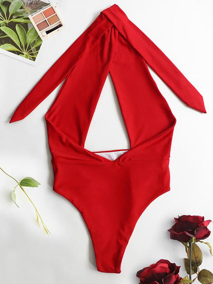 Plain Bandage Backless One-piece Swimwear
