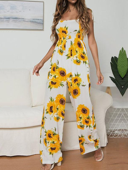 Sunflower Printed Spaghetti-neck Jumpsuits