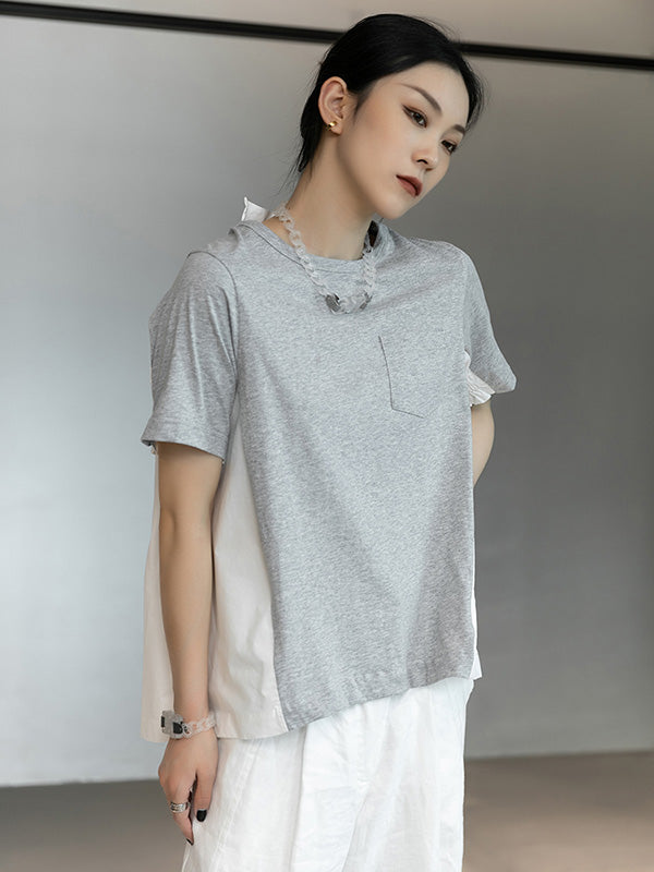 Original Split-Joint Round-Neck High-Low Buttoned T-Shirt