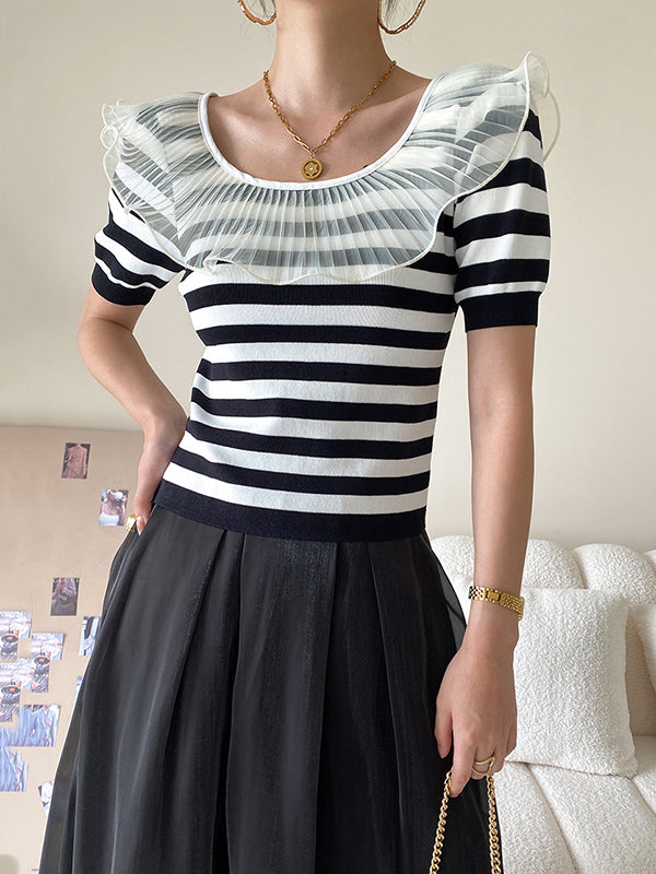 Original Chic Falbala Mesh Split-Joint T-Shirt Top