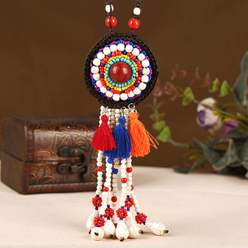 Buykud Colored Tassels And Turquoise Long Woven Necklace