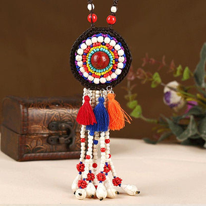 Buykud Colored Tassels And Turquoise Long Woven Necklace