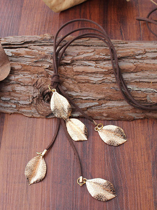 Vintage Alloy Multi-Leaf Velour Leather Rope Necklace