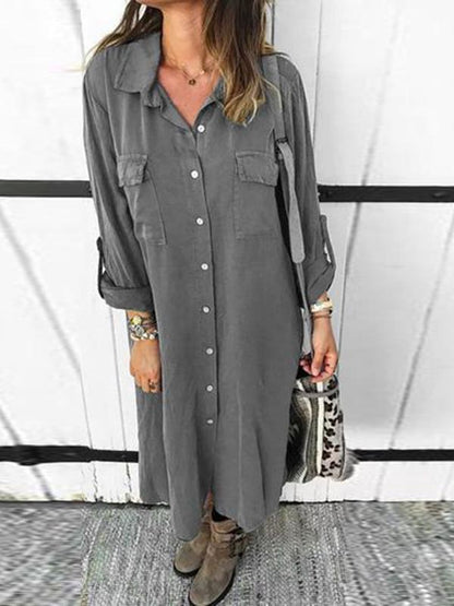 Bohemia Solid Color Shirt Midi Dress