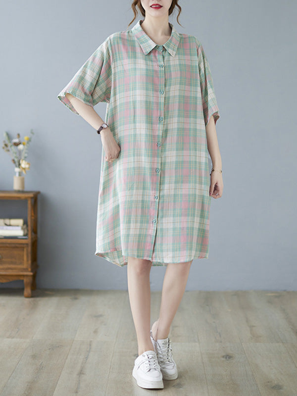 Urban Plaid Half Sleeve Lapel Shirt Dress