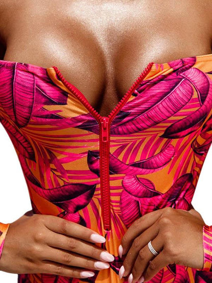 Floral-Print Long Sleeve Off-The-Shoulder  One-Piece Wetsuit