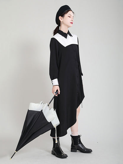 Original Irregular Split-Joint Buttoned Tied Lapel Collar Long Sleeves Midi Dress
