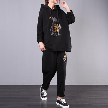 Buykud Penguin Embroidery Casual Two Piece Suit