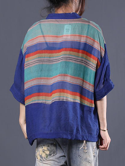 Office Loose V-neck Striped Blouse