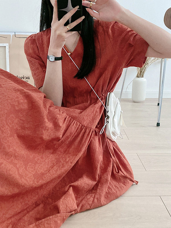 Urban Solid Color V-Neck Drawstring Short Sleeves Midi Dress