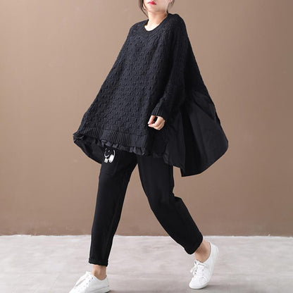 Buykud Loose Batwing Sleeve Pleated Spliced Sweater