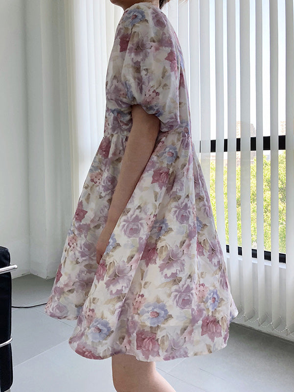 Original Floral Printed Square-Neck Puff Sleeve Mini Dress