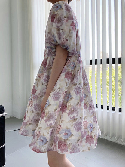 Original Floral Printed Square-Neck Puff Sleeve Mini Dress