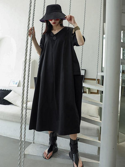 Vintage Loose Oversize V-neck Solid Dress