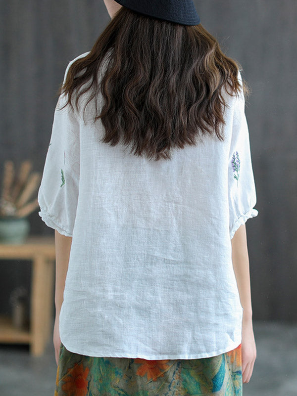 Ramie Cotton Embroidered Round-Neck Short Sleeve T-Shirts Tops