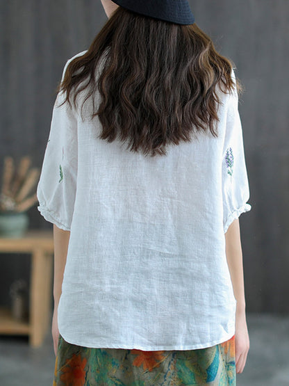 Ramie Cotton Embroidered Round-Neck Short Sleeve T-Shirts Tops