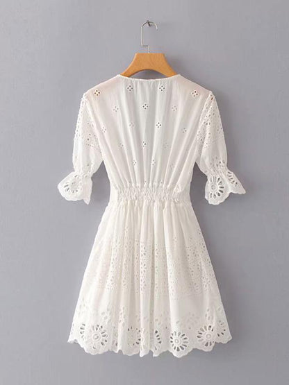 V-neck Hollow Embroidered Mini Dress