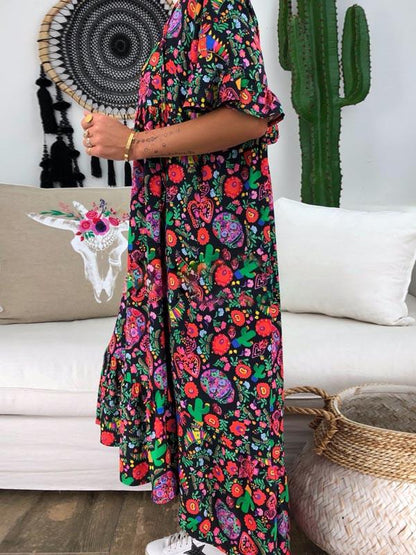 Loose Printed Round Neck Maxi Dress
