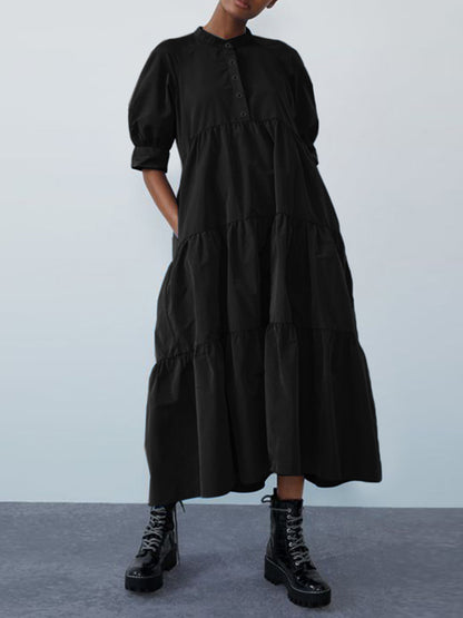 Original Solid Color Split-Joint Pleated Buttoned Stand Collar Half Puff Sleeves Midi Dress