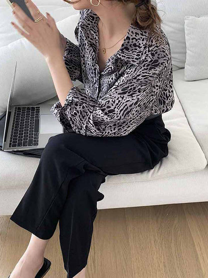 Stylish Leopard Buttoned Lapel High-Low Long Sleeves Blouse Tops