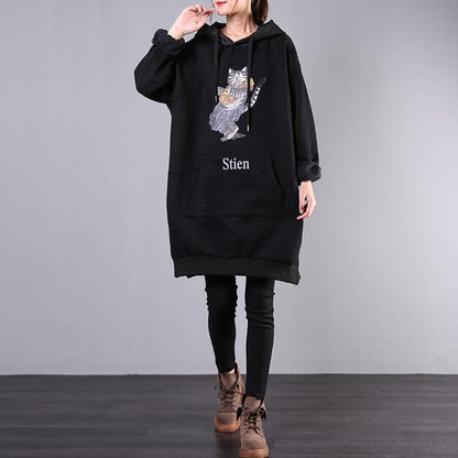 Buykud Cartoon Cat Casual Loose Comfortable Hooded Dress