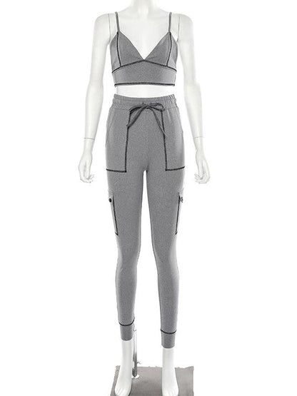 Solid Spaghetti-neck Tank&Pants Sports Suits