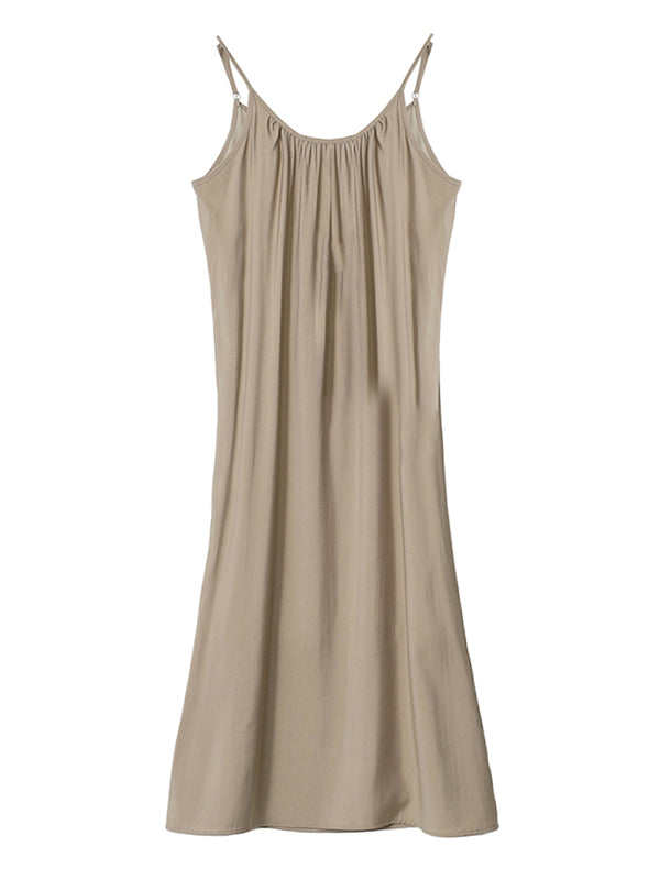 Leisure Fashion Loose Solid Color Pleated Spaghetti-Neck Midi Dress