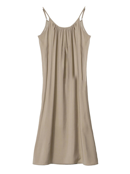 Leisure Fashion Loose Solid Color Pleated Spaghetti-Neck Midi Dress