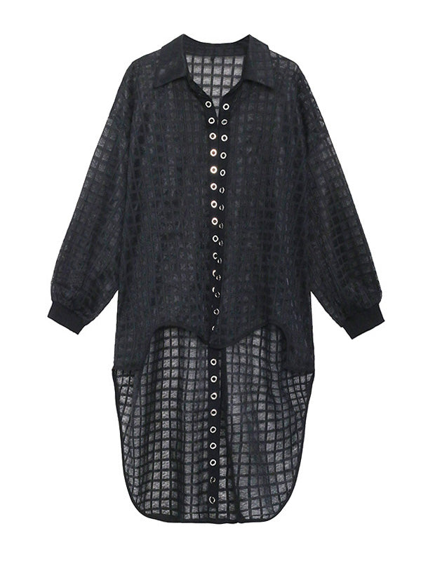 Stylish See-Through Buttoned High-Low Lapel Outerwear