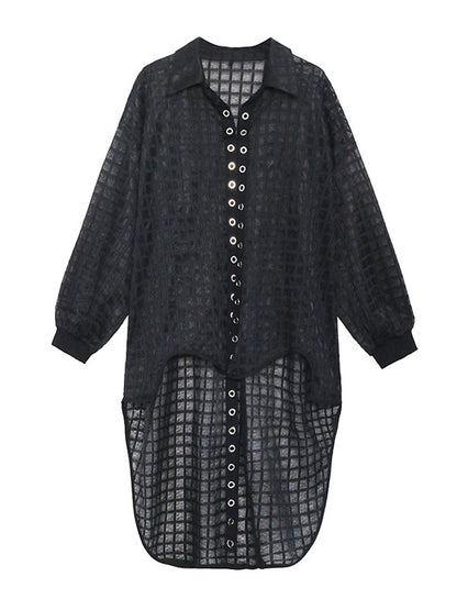 Stylish See-Through Buttoned High-Low Lapel Outerwear