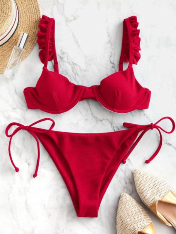 Solid Color Ruffled Split Bikini Swimsuit
